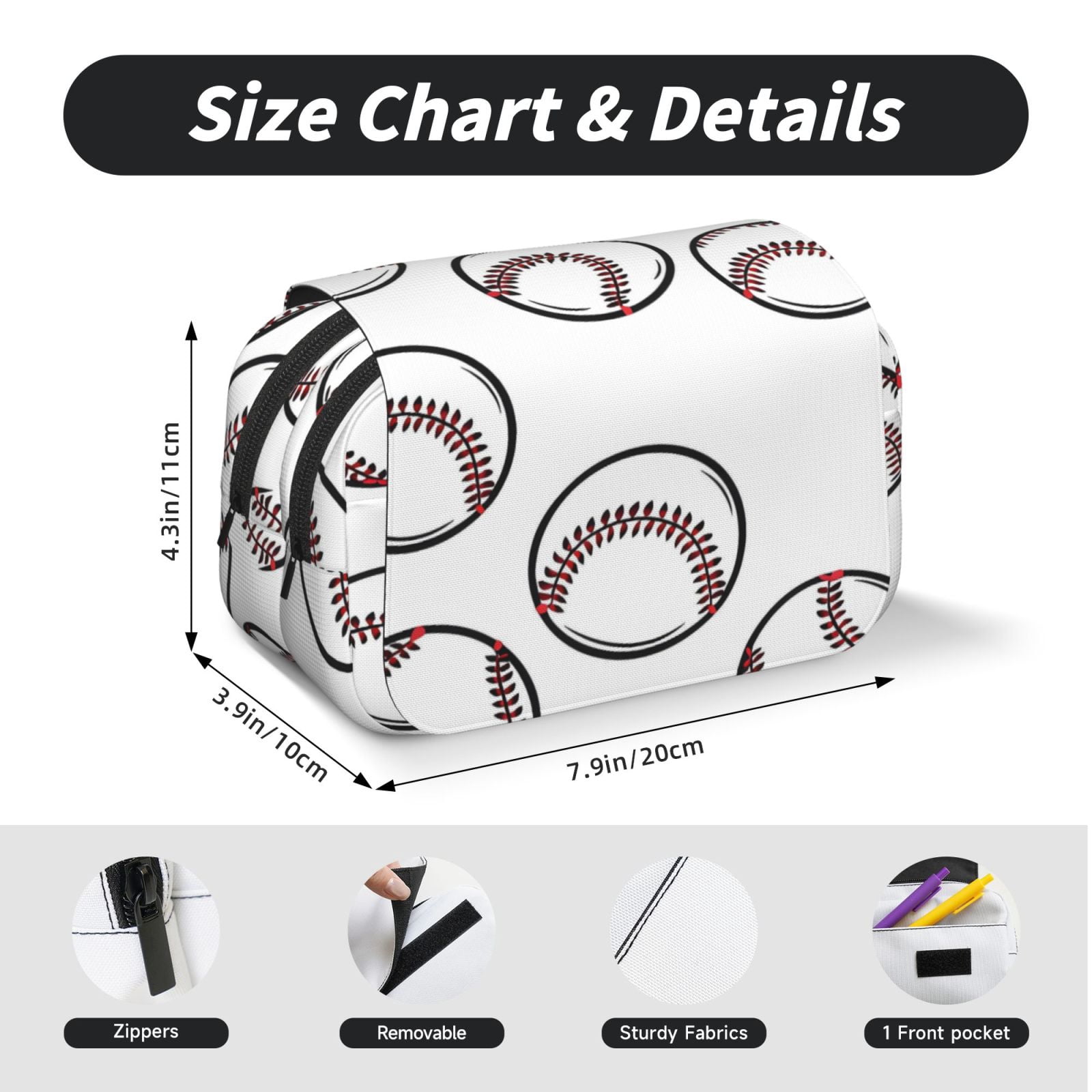 Large-Capacity Flip-Top Double-Layer Pencil Case, Multi-Functional Pocket Pen Case, Durable Stationery Organizer White Baseballs With Classic Red Stitching