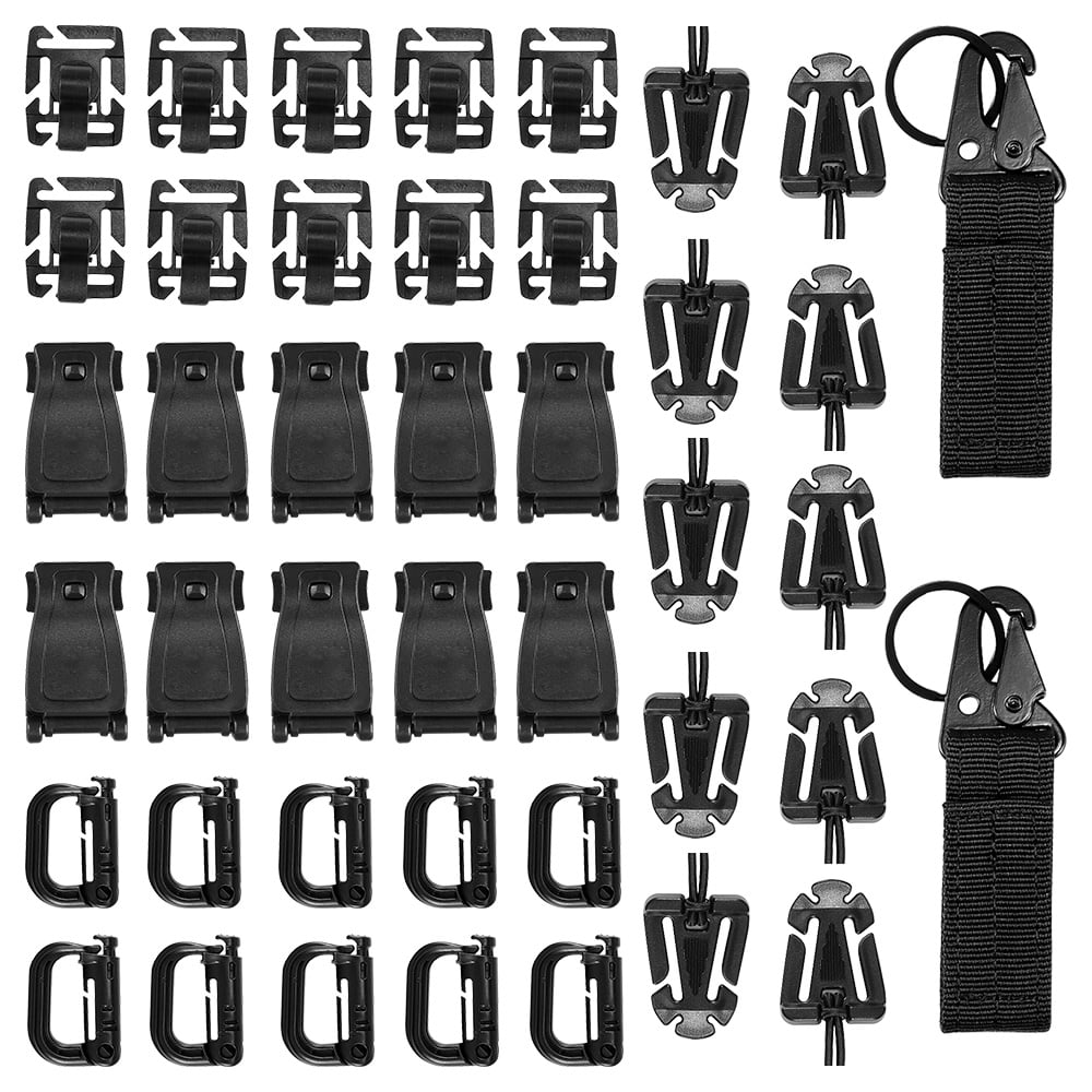 D-Ring Locks Carabiner Water Tube Clips Web Dominator Buckle with Elastic Line etc. Molle Clips 42 PCS Molle Attachments Set Tactical Gear Clip for Webbing Strap Molle Bag Backpack Vest Belt 