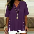 thumbnail image 2 of Rvasteizo Womens Summer Short Sleeve V Neck Blouses Shirts Solid Color Short Sleeve V Neck Button Side Slit Faux Linen Top, 2 of 5