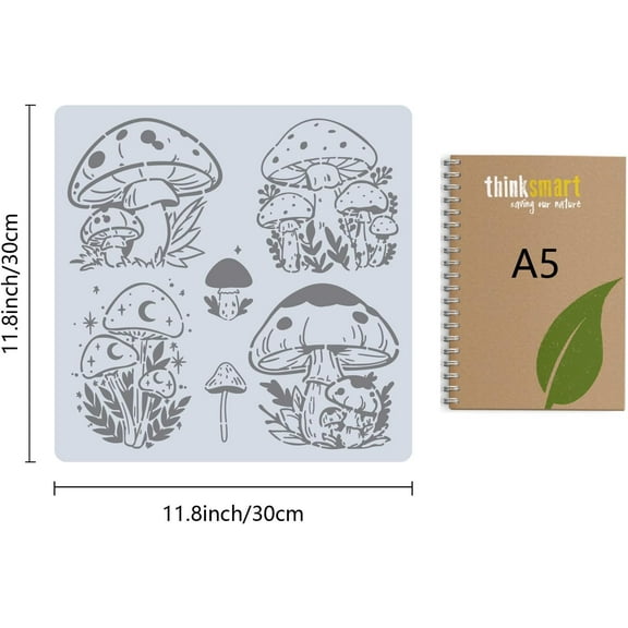 Large Mushroom Stencils 12 x 12 Inch Reusable Hollow Out Plant Mushrooms Moon Decoration Paint Drawing Template Stencils for Painting Wood Wall Fabric Canvas Furniture DIY Art Craft