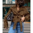 thumbnail image 4 of Women Faux Suede Leather Jacket Vintage Casual Cropped Wrap Coat with Belt Brown M, 4 of 9