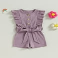 thumbnail image 2 of Toddler Baby Girl Clothes Rompers Ribbed Ruffle Sleeveless Button Belted Romper Short Jumpsuit Summer Outfit Brick Red 12-18 Months, 2 of 7