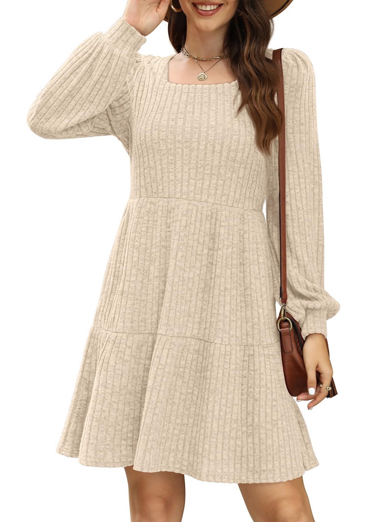 Womens Square Neck Long Sleeve Fall Dresses Casual Babydoll Sweater Dress