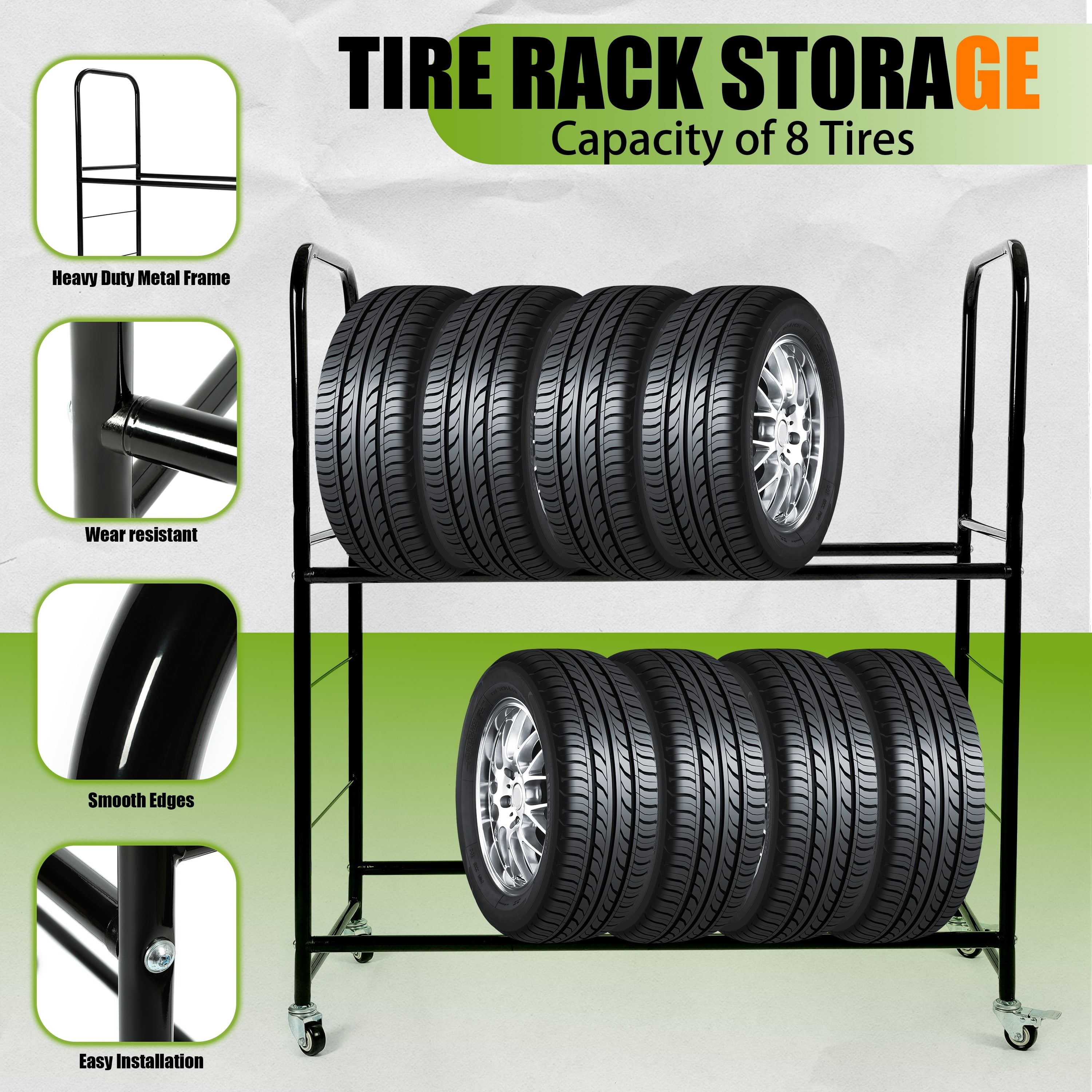 Kojem Universal Tire Storage Rack for Garage, Rolling Tire Organizer Shelving Rack w/ Adjustable Tire Stand, Steel Black, 46'' X 19'' X 44''