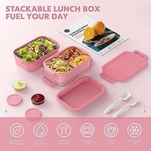 Bento Lunch Box for Adults - 3 Layers Leak-Proof Stackable Bento Box for Adults, 72oz Large-Style All-in-One Adult Lunchbox Bento Box with Utensil Accessories for Dining Out,Work, Pink