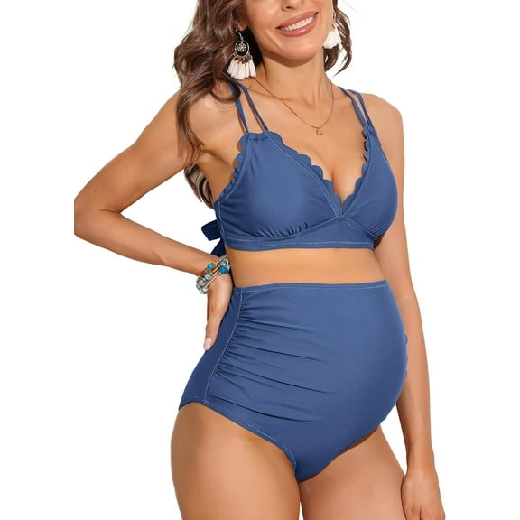 Alove V Neck Maternity Swimsuit Solid Color Women Two Piece High Waist Bikini Scallop Trim Bathing Suit Pregnancy Swimwear Spaghetti Strap Swimwears