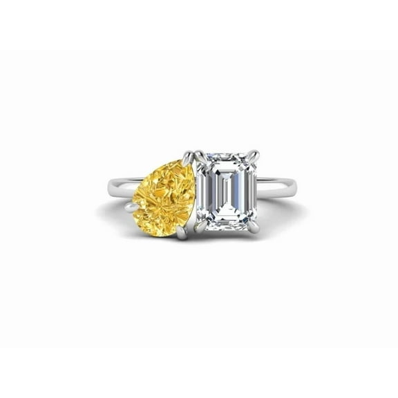 Two Stone Diamond Ring, Toi Et Moi Diamond Engagement Ring, Vivid Yellow Pear Cut Diamond And Emerald Cut Ring, 925 Sterling Silver, 2.0 Ct Simulated Diamond, November Birthstone Ring