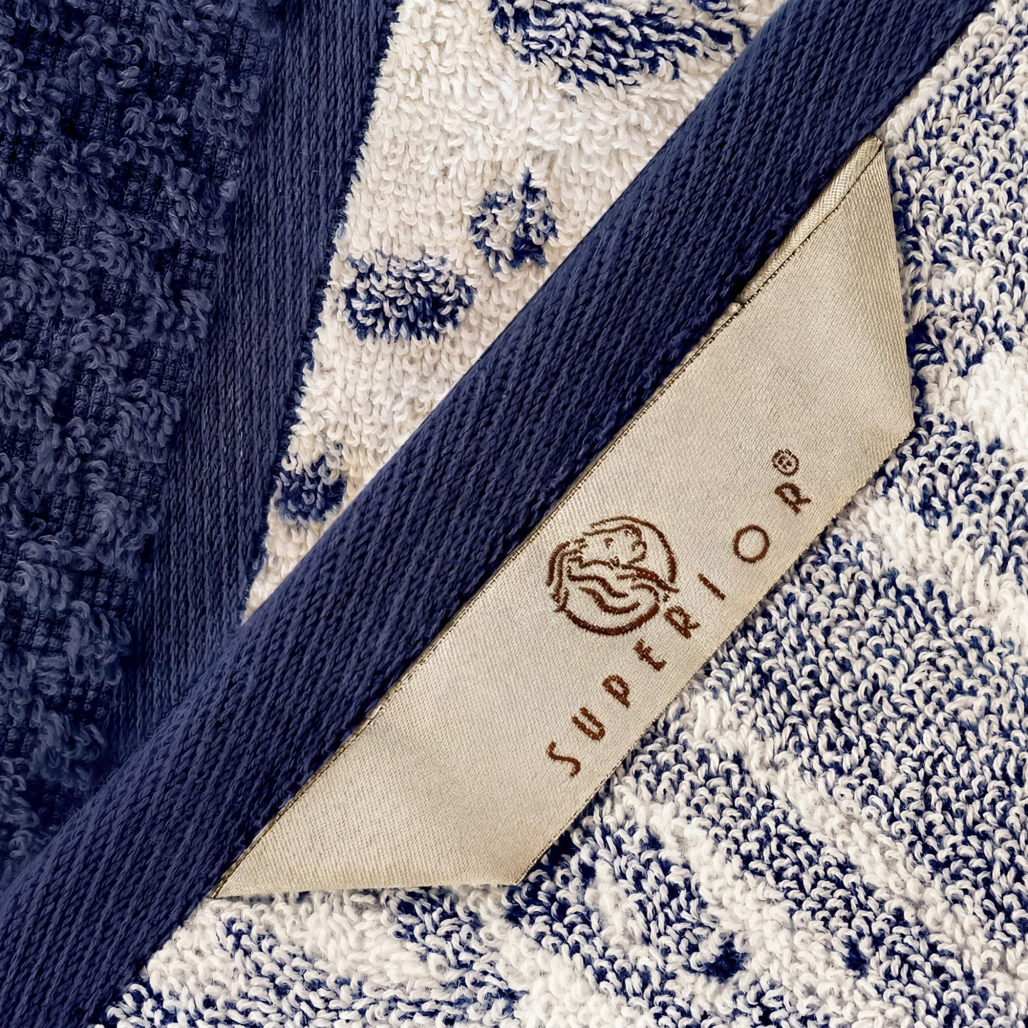 Superior Modern Cotton 6 Piece Hand Towel Set Bathroom Mixed Pattern, Navy Blue-Ivory