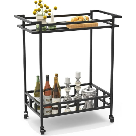 Black Bar Cart, Home Bar Serving Carts with 2 Glass Shelves, Rolling Bar Cart Wine Cart with Wheels, Liquor Cart with Wine Holders, Glass Holders for Home, Kitchen, Dining Room
