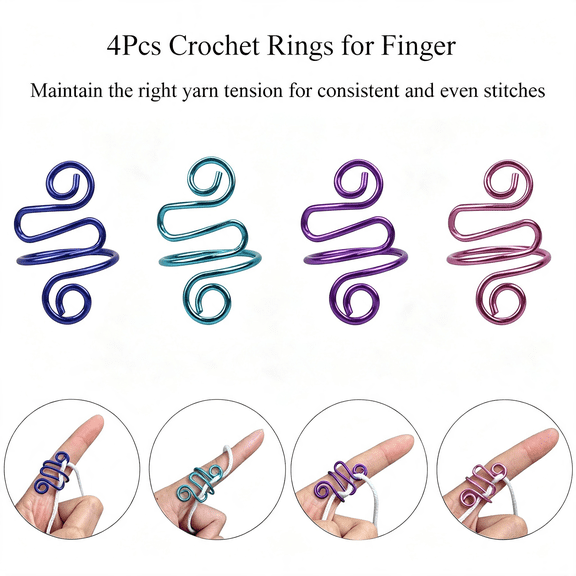 TUWAFE 4Pcs Crochet Rings for Finger,Crochet Tension Ring for Crocheting Open Adjustable Yarn Guide Crochet Tension Ring Crochet Accessories Knitting Ring for Finger (Multicolor-A),