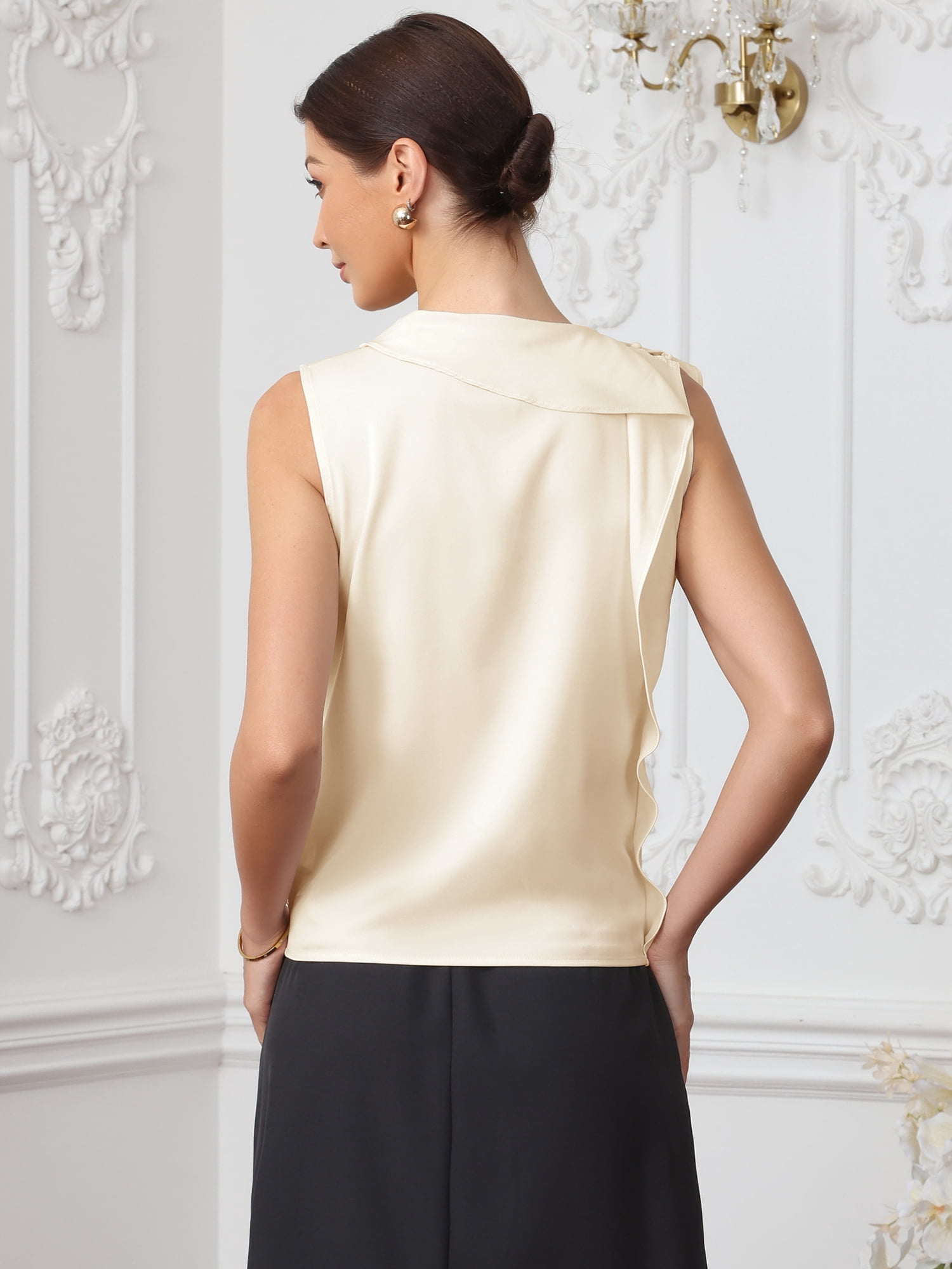 DARING DIVA Women's Satin Sleeveless Mock Neck Blouse with Shoulder Buttons XS Apricot