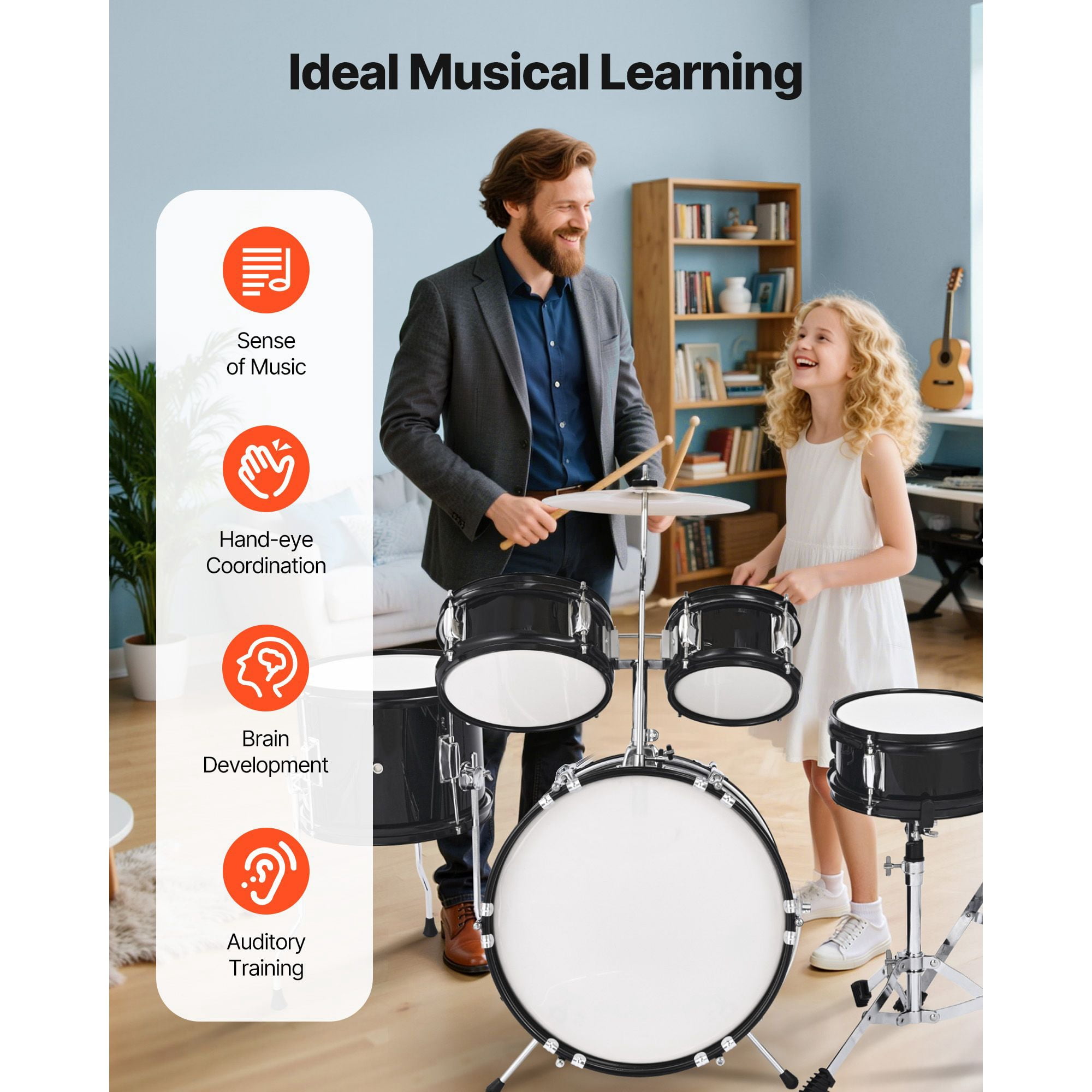 Kids Drum Set, 5-Piece 14 in Junior Drum Sets, Beginner Drums Set with Adjustable Throne, Cymbal & Two Pairs of Drumsticks, Musical Learning Drums Instruments Kit, for Children Ages 6-13 (Black)
