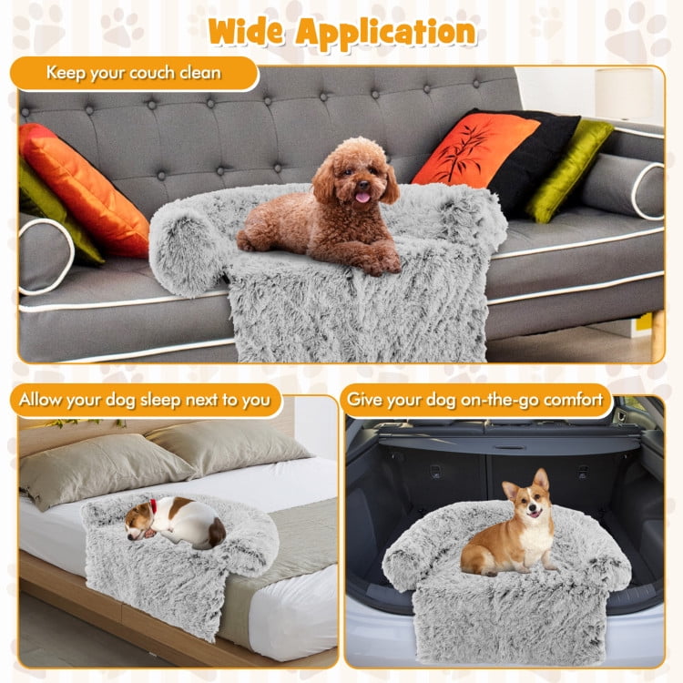 Kadyn 47" Plush Long Fur Dog Couch Bed, Dog Bed Mats with Anti-Slip Bottom, Washable Removable Couch Cover, Perfect for Medium and Large Dogs Cats, Gray-L