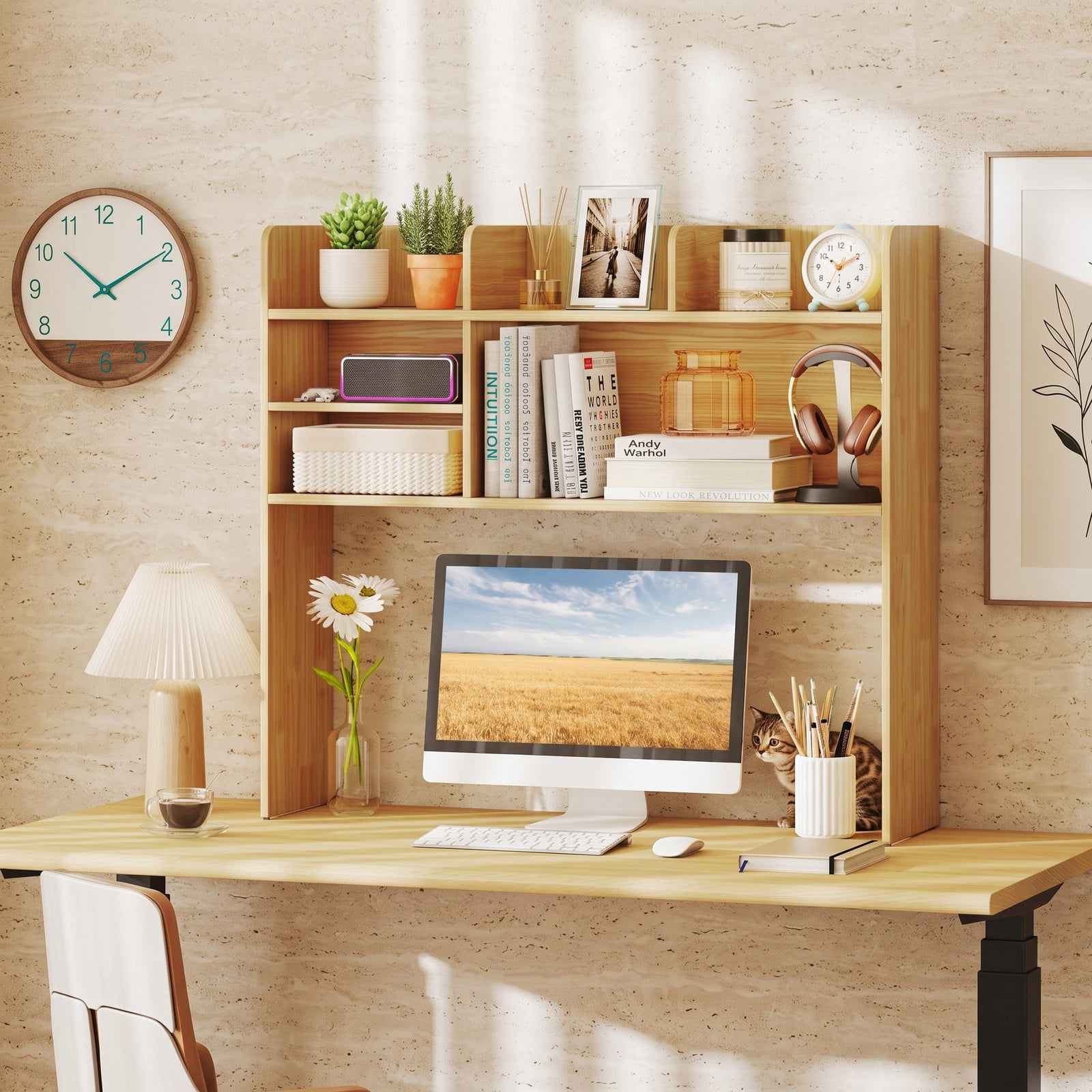 Furnibear Desktop Bookshelf Countertop Storage Hutch with 6 Shelves, Wood Desk Organizer Monitor Stand Riser with Adjustable Shelf and Open Compartment for Home, Beige