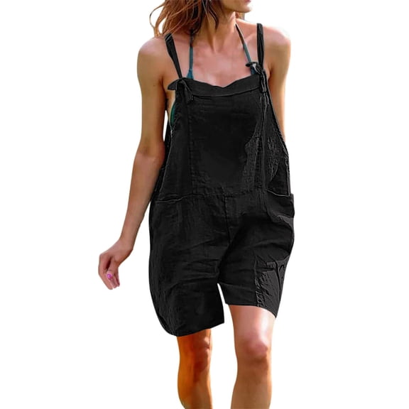 Viikei 2025 Summer Womens Shorts Womens Summer Casual Sleeveless Spaghetti Strap Jumpsuits Loose Stretchy Short Romper with Pockets