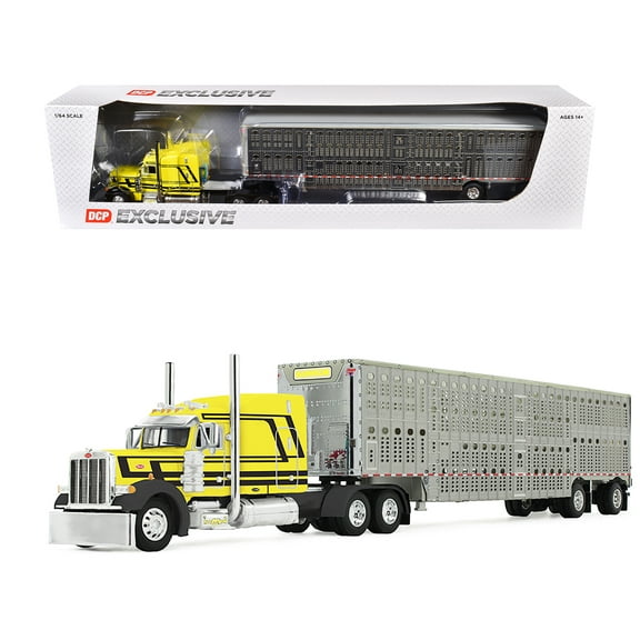 Peterbilt 379 with 63" Mid-Roof Sleeper and Wilson Silverstar Livestock Trailer "Harrison Trucking" Yellow with Black Stripes 1/64 Diecast Model by DCP/First Gear