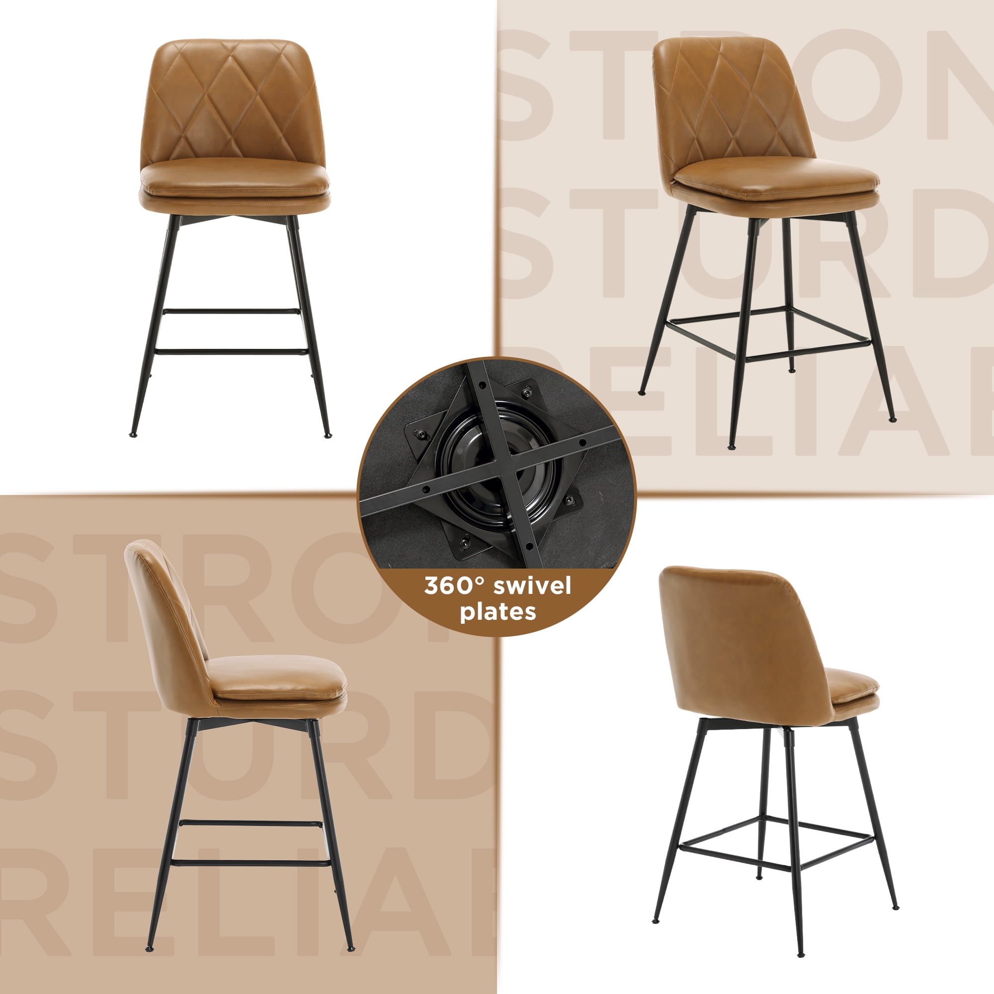 TEWLOSS 28" Bar Stools Set of 4 Swivel Barstools Faux Leather Kitchen Chairs, Brown
