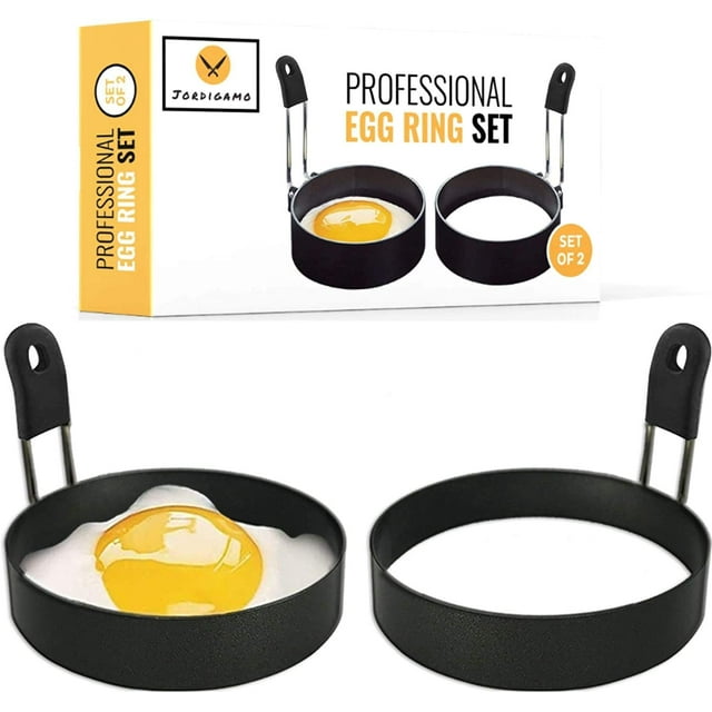 JORDIGAMO Professional Egg Ring Set For Frying Or Shaping Eggs - Round Egg Rings For Cooking - Stainless Steel Non Stick Mold Shaper Circles For Fried Egg McMuffin Sandwiches - Egg Maker Molds
