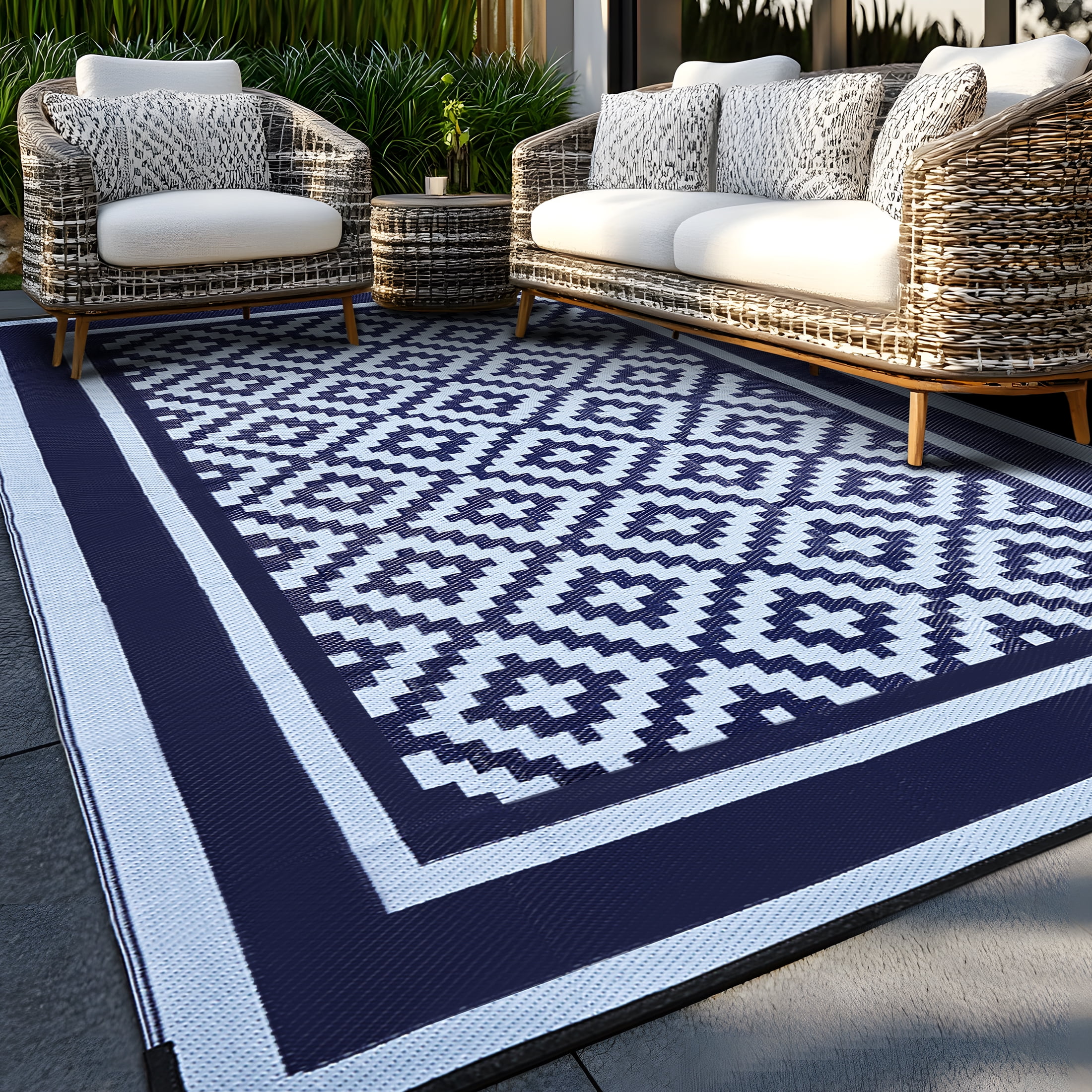 Kohree Outdoor Plastic Straw Rug 9'x12' ,Waterproof Mat with 4 Corner Loops Indoor Outdoor for RV, Camping, Deck ,Balcony (Blue & Light Blue)