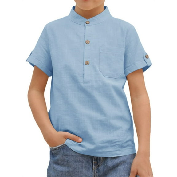 Langwyqu Short Sleeved Solid Color Boys Henley Blouse Children Button Tops With Pocket For 3-14 Years