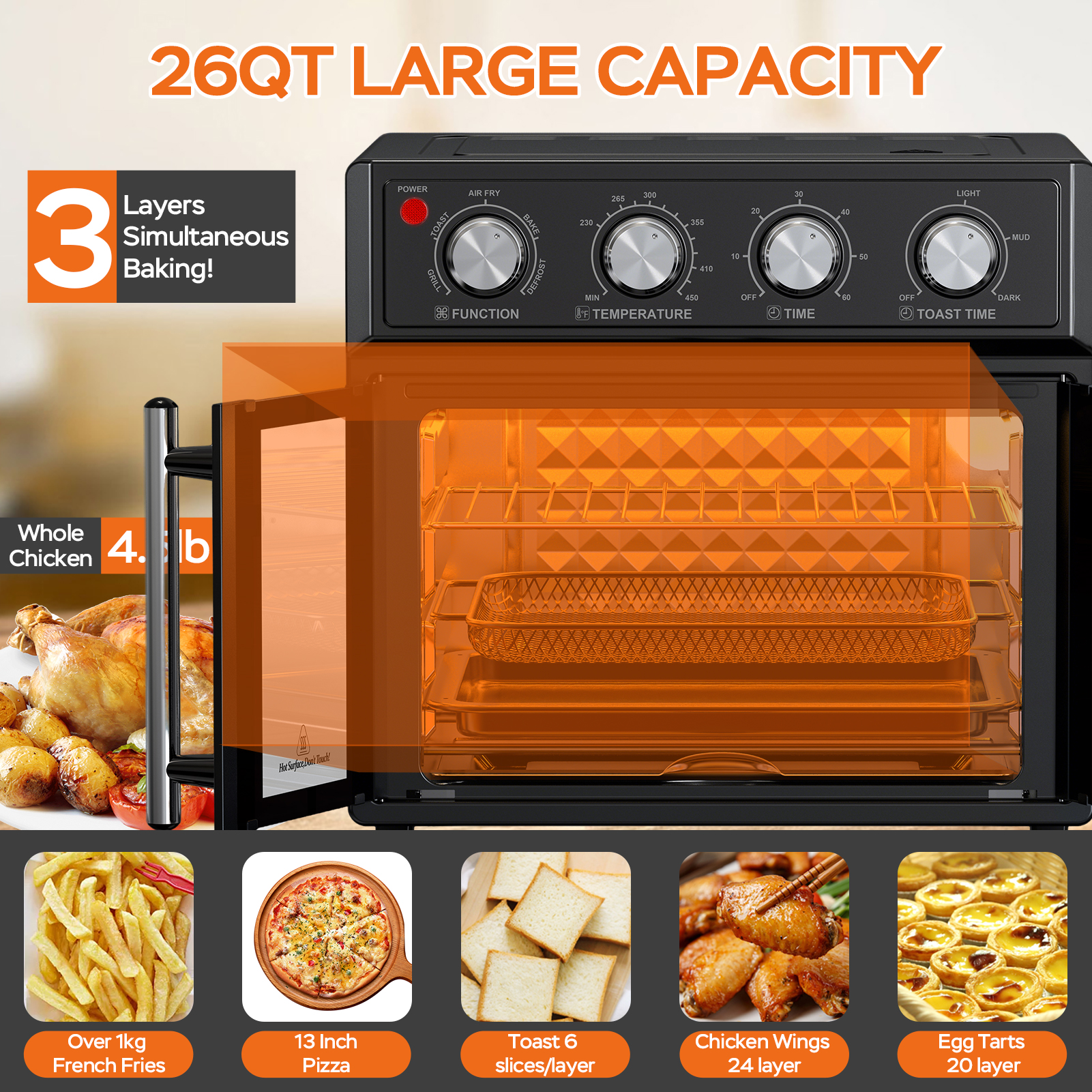 27.5QT Black Air Fryer Oven – 3-Layer Simultaneous Baking, 7 Presets, Double-Door Design for Family Meals