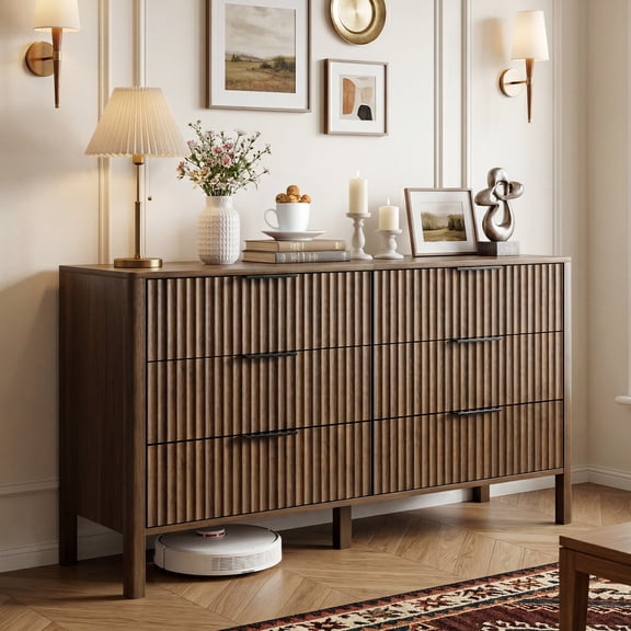 Fluted 6 Drawer Dresser for Bedroom 55" Wide Wooden Dresser TV Stand Modern Storage Organizer for Living Room, Hallway, Walnut