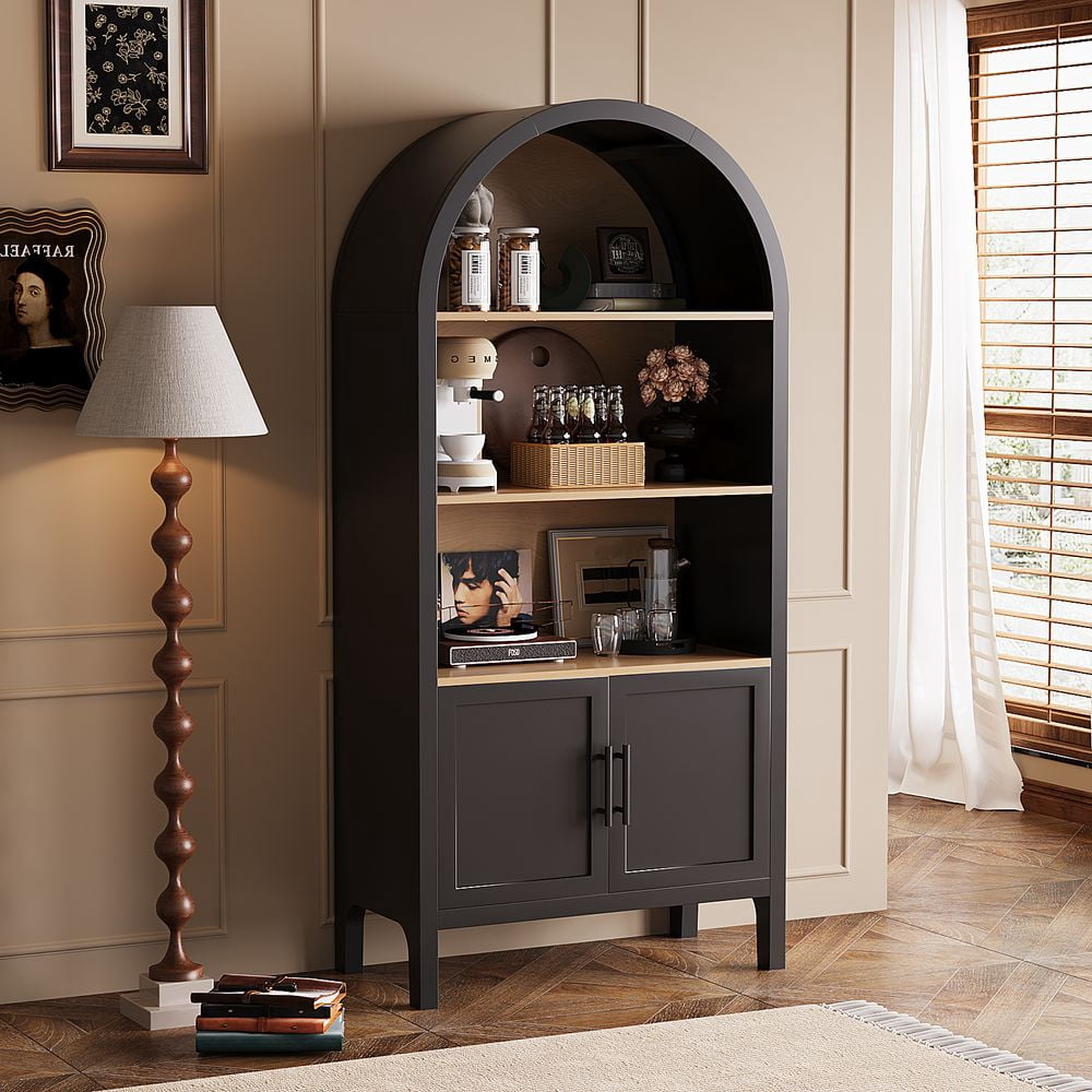 MINESTIA 66.7" Tall Arched Bookshelf, Modern Wood 4 Tiers Arch Cabinet Bookcase with 3 Open Shelves & Enclosed Storage, Black & Natural Wood