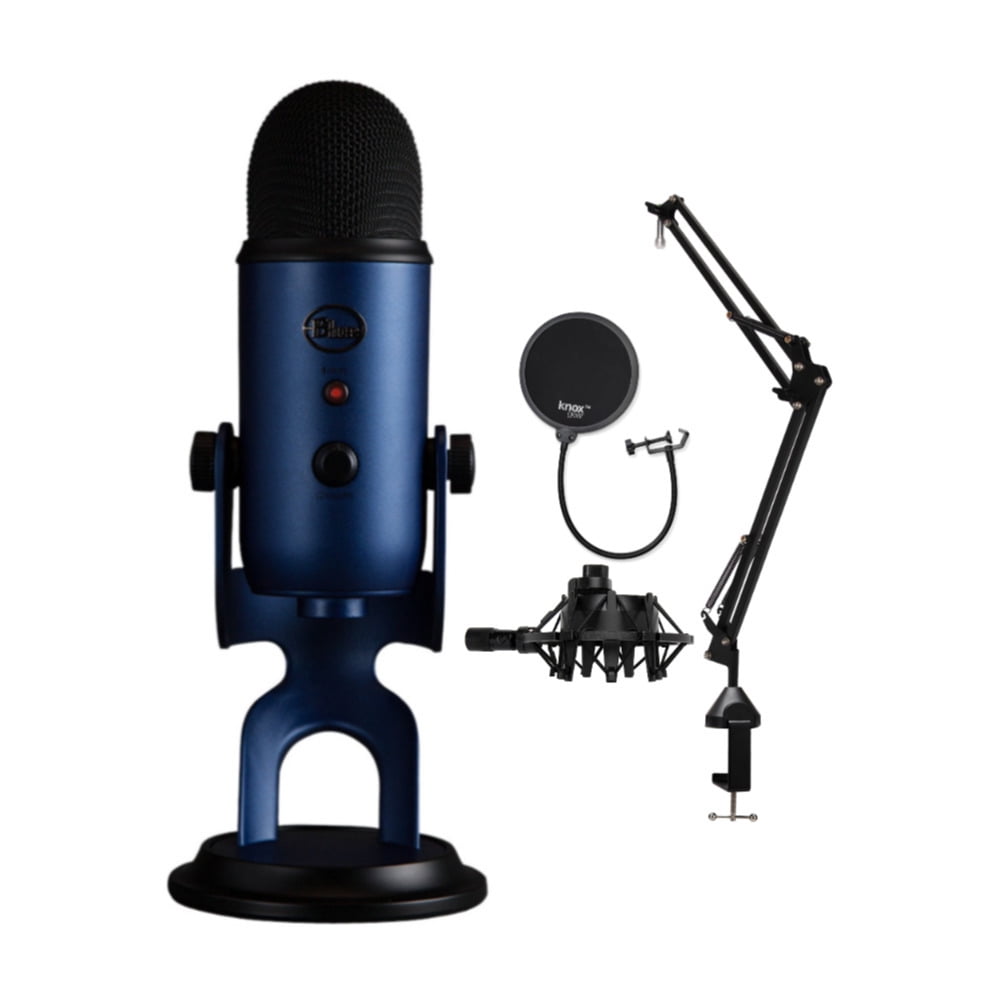 Blue Yeti Microphone (Blackout) with Knox Boom Arm Stand, Pop Filter and  Shock Mount Bundle, USB