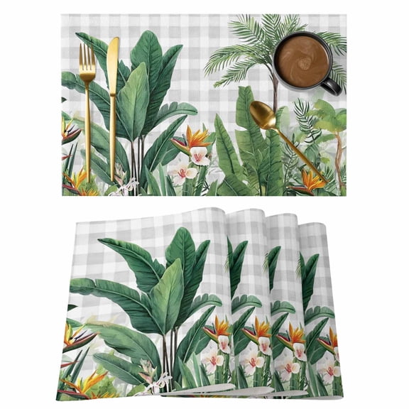 Summer Leaves Flower Placemats Set of 8, Rustic Farmhouse Green Botanical Gray Checkered Non-Slip Place Mats Washable Table Mats for Kitchen Dining Table Decorations Indoor/Outdoor
