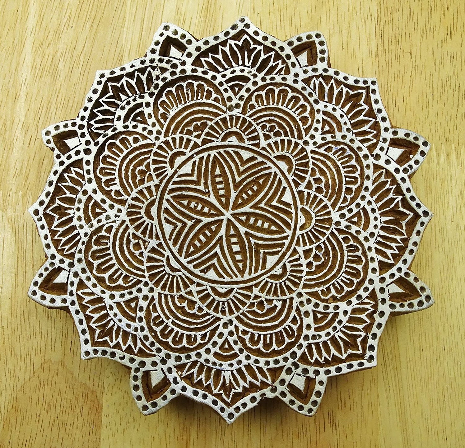 Wooden Textile Stamp Block Print Brown Hand Carved Floral Stamp