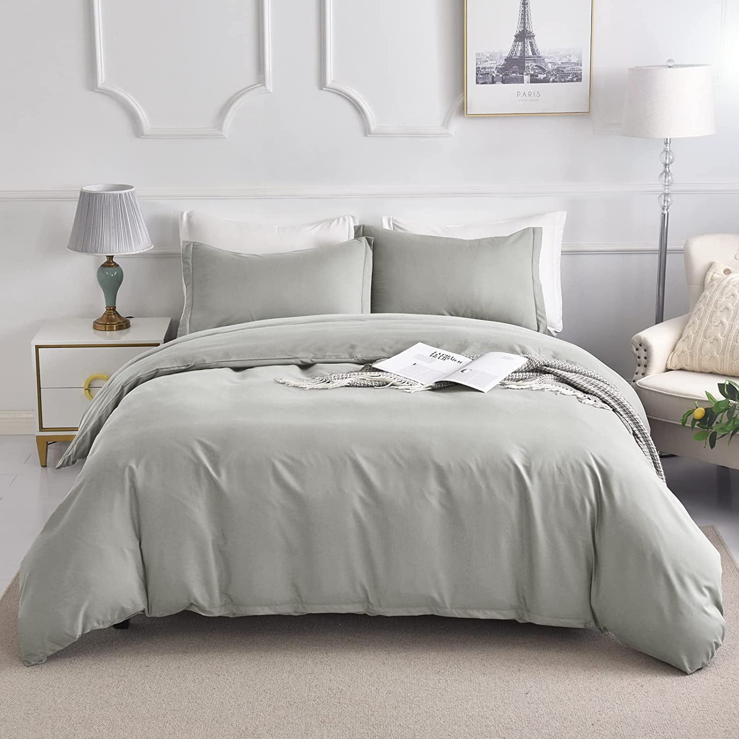 BLEUM CADE Grey Duvet Cover Queen Size Set，3 Pieces Comfy Wrinkle-Free Bedding Comforter Cover Set ,Microfiber Duvet Cover with Zipper Closure & Corner Ties