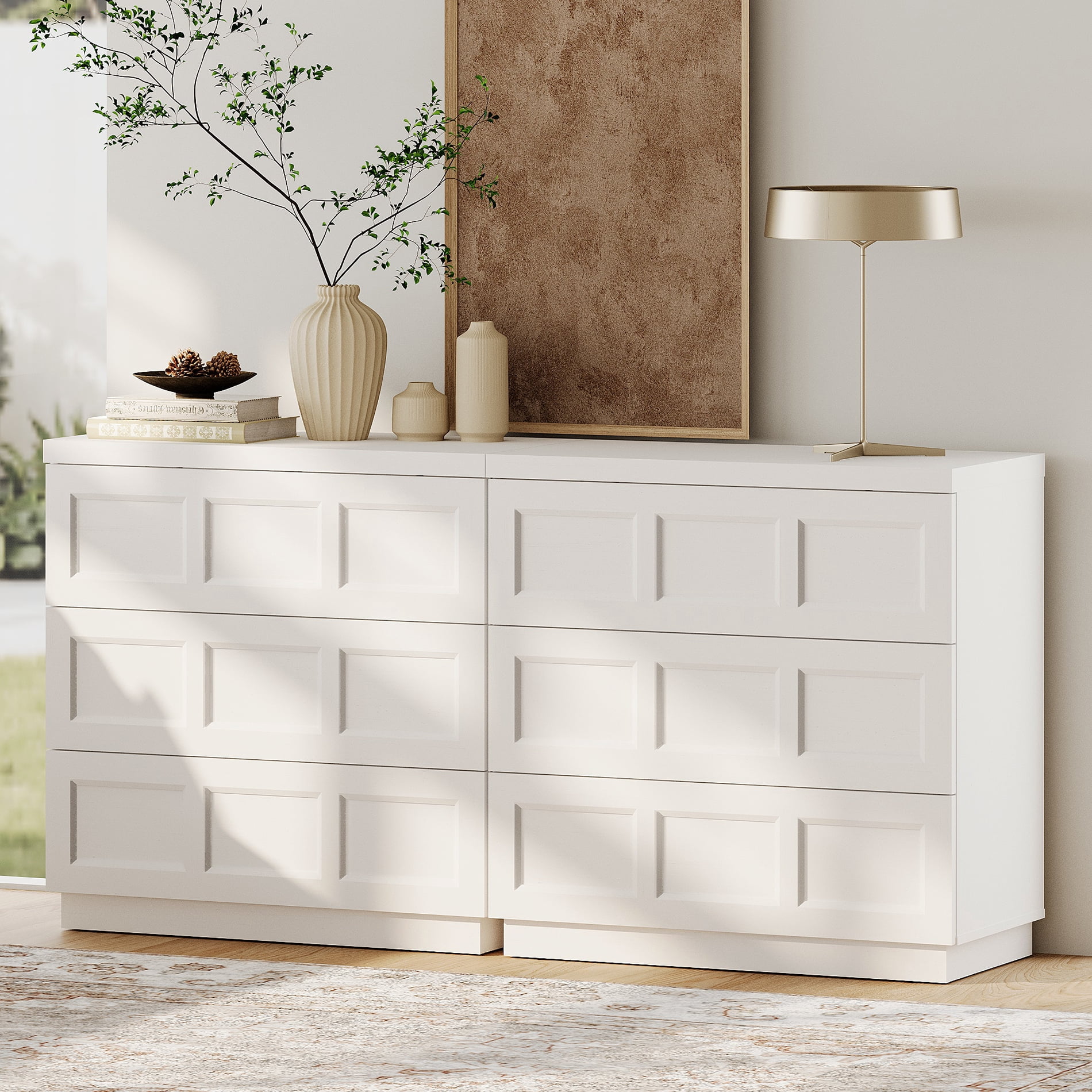 HOMOOI Modern Wood Dresser,Boho 63" Anti-Wobble Silent Storage Dresser with 6 Pop-Up Handle-Free Chest of Drawers，for Bedroom, Living Room,White