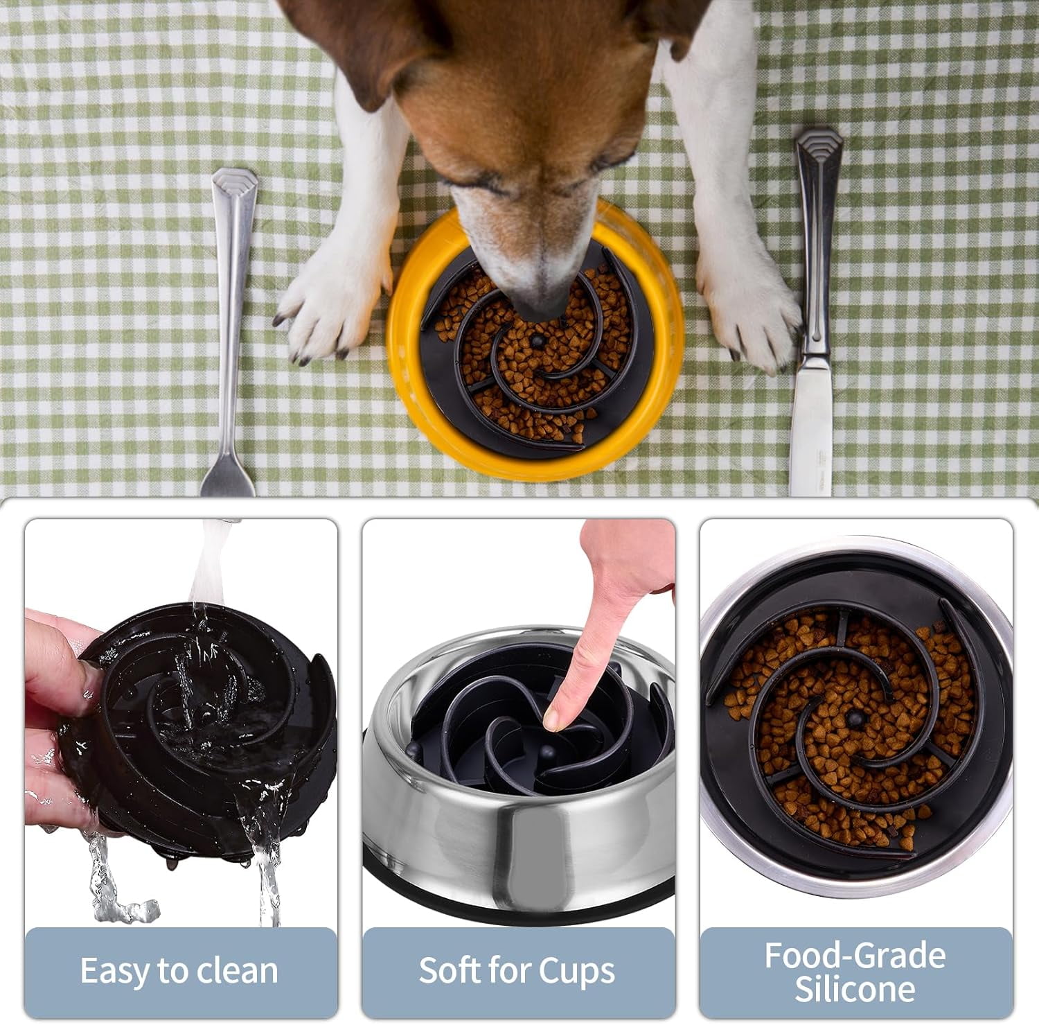 Slow Feeder Dog Bowls Insert,  Soft Silicone Slow Eating Feeder Insert with Suction Cups for Small, Medium and Large Dogs, Fit into Basic and Elevated Dog Bowls, Black Black,S