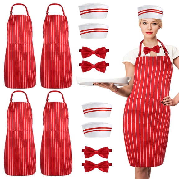 12 Pcs Waiter Costume Kit, Retro 1950s Waitress Costume Set, Red and White Soda Jerk Costume, Includes Striped Apron, Bow Tie, Chef Hat, Ideal for Diner Themed Parties, Retro Events