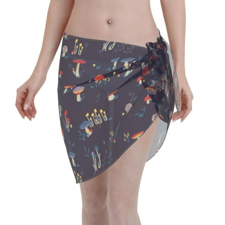 Adobk Women Beach Sarong Bathing Suit Mushrooms3 Print Wrap Skirt Sheer Bikini Swimsuit Cover Ups For Swimwear