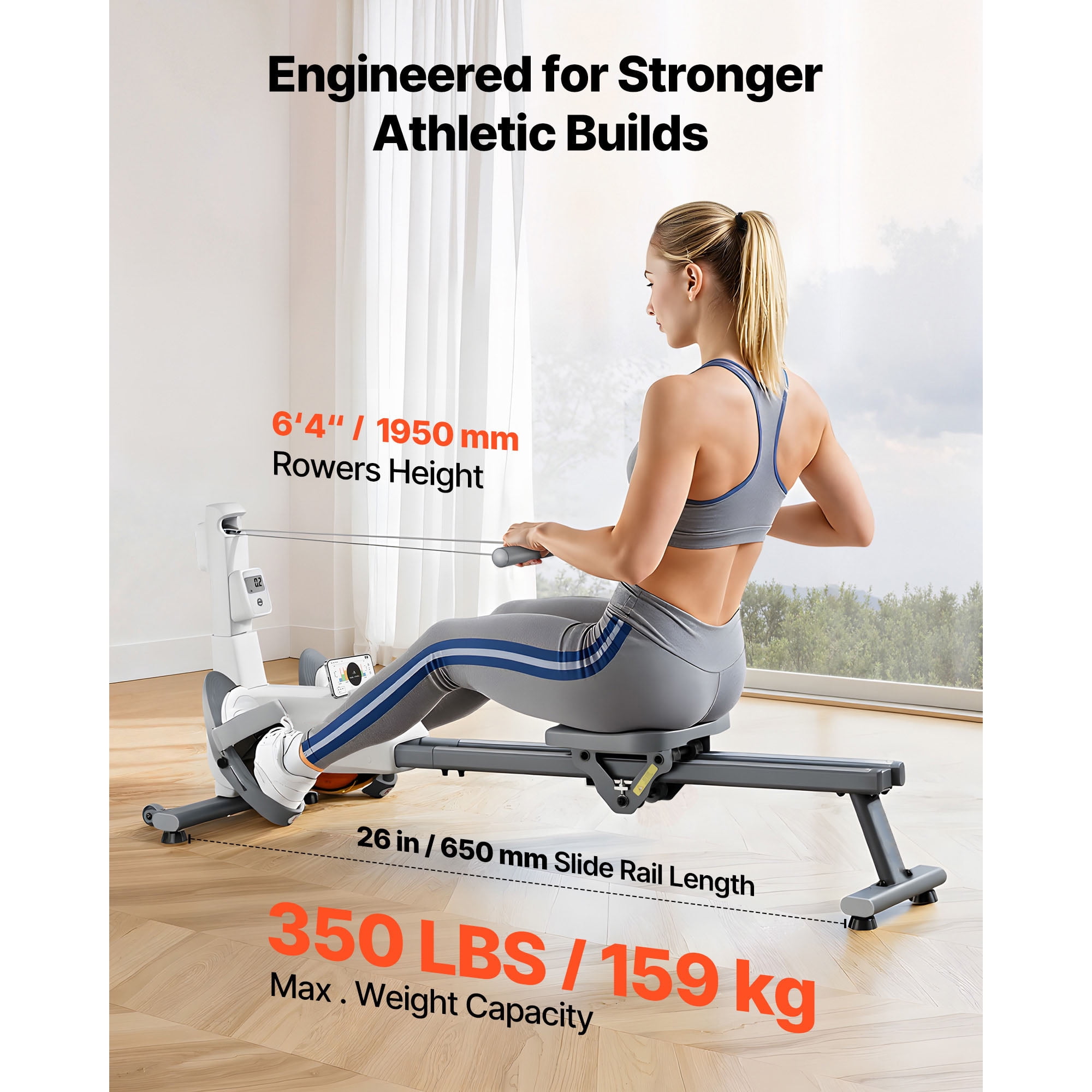 KFFKFF Magnetic Rowing Machine with Adjustable 16-Level Resistance, Foldable Design for Home Use, 350 LBS Capacity, Dual-Slide Rail System, Bluetooth APP Connectivity & LCD Display
