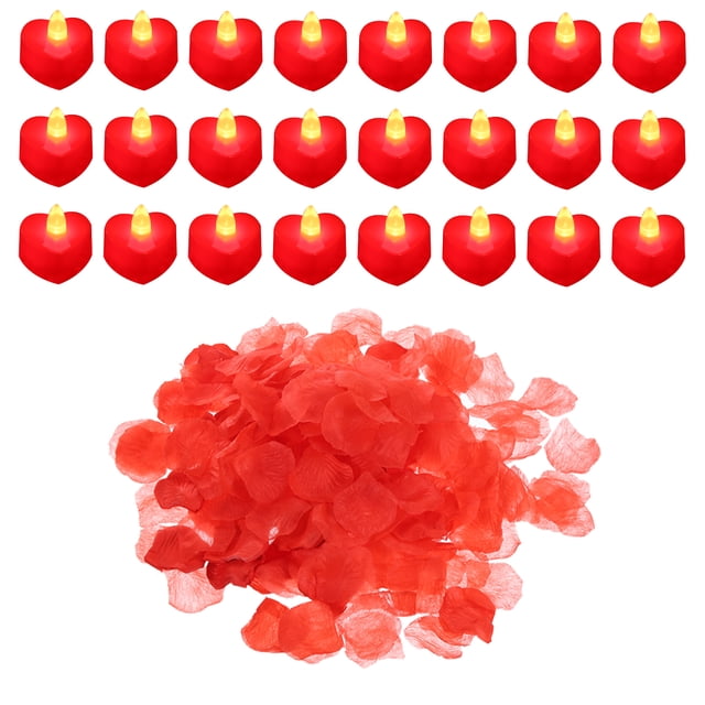 Unique Bargains Bougies LED en Forme de Cœur Sans Flamme, Bougie Chauffe-Plat LED Lumière Rouge avec Pétales de Rose Rouges Artificiels, Lot de 24