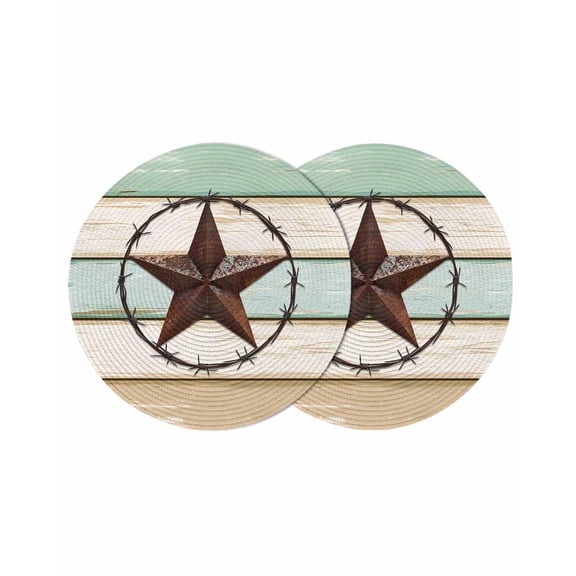 Beige Sage Green Texas Star Round 15 Inch Placemats Set of 2, Vintage Stars Wooden HeatResistant Non Slip Place Mats for Dining Table, Wipeable Braided Kitchen Table Mats for Housewarming