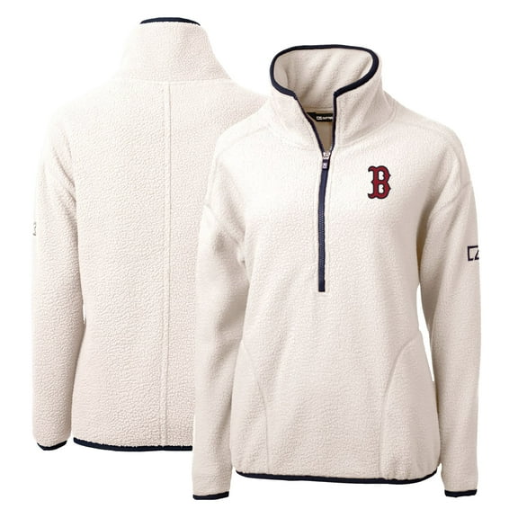 Women's Cutter & Buck White/Navy Boston Red Sox Cascade Eco Sherpa Fleece Quarter-Zip Pullover Jacket