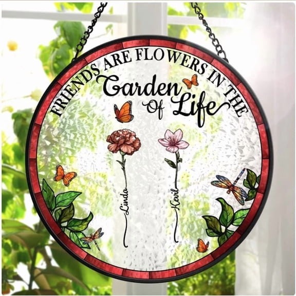 Birth Flower Grow An Old Friend - Personalized Stained Glass Window Hanging Suncatcher