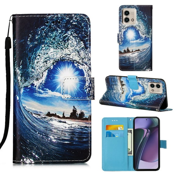 Patterned Wallet Case for Motorola Moto G Stylus 5G 2023,Dteck Magnetic Leather Card Slots Pocket Case Shockproof TPU Kickstand Full Body Protective Cover with Wrist Strap,Wave