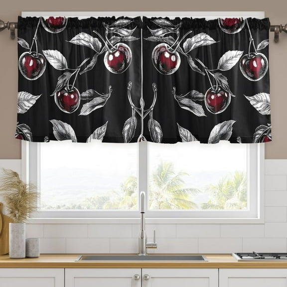 Ryvnso Cherry on Black Curtains Sets Short Curtain Rod Pocket Half Window Cafe Farmhouse Tier 2 Panels 57"W x 24"L