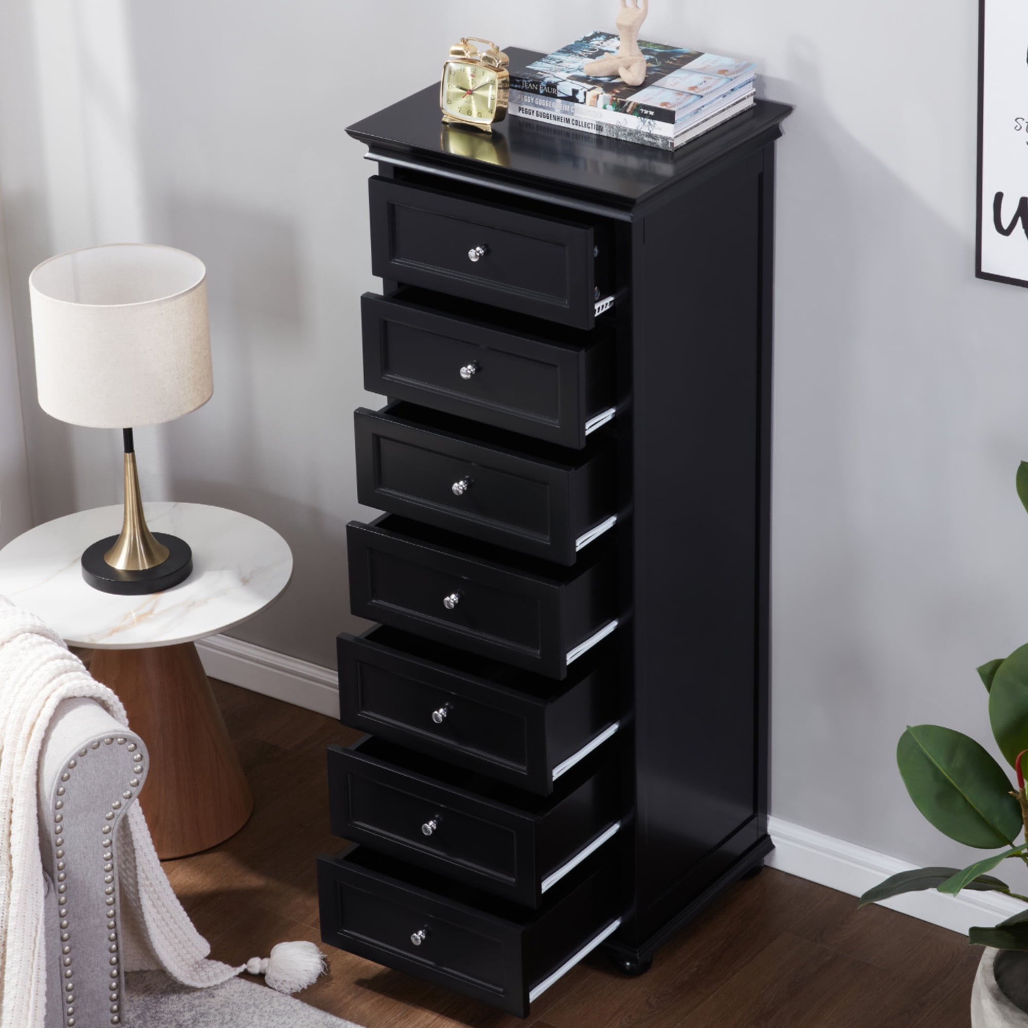 BOUQUETYZ Tall Skinny Black Dresser with 7-Drawer, Tall Narrow Chest of Drawers for Bedroom, Solid Wood Legs & Silent Metal Glides, 52" H