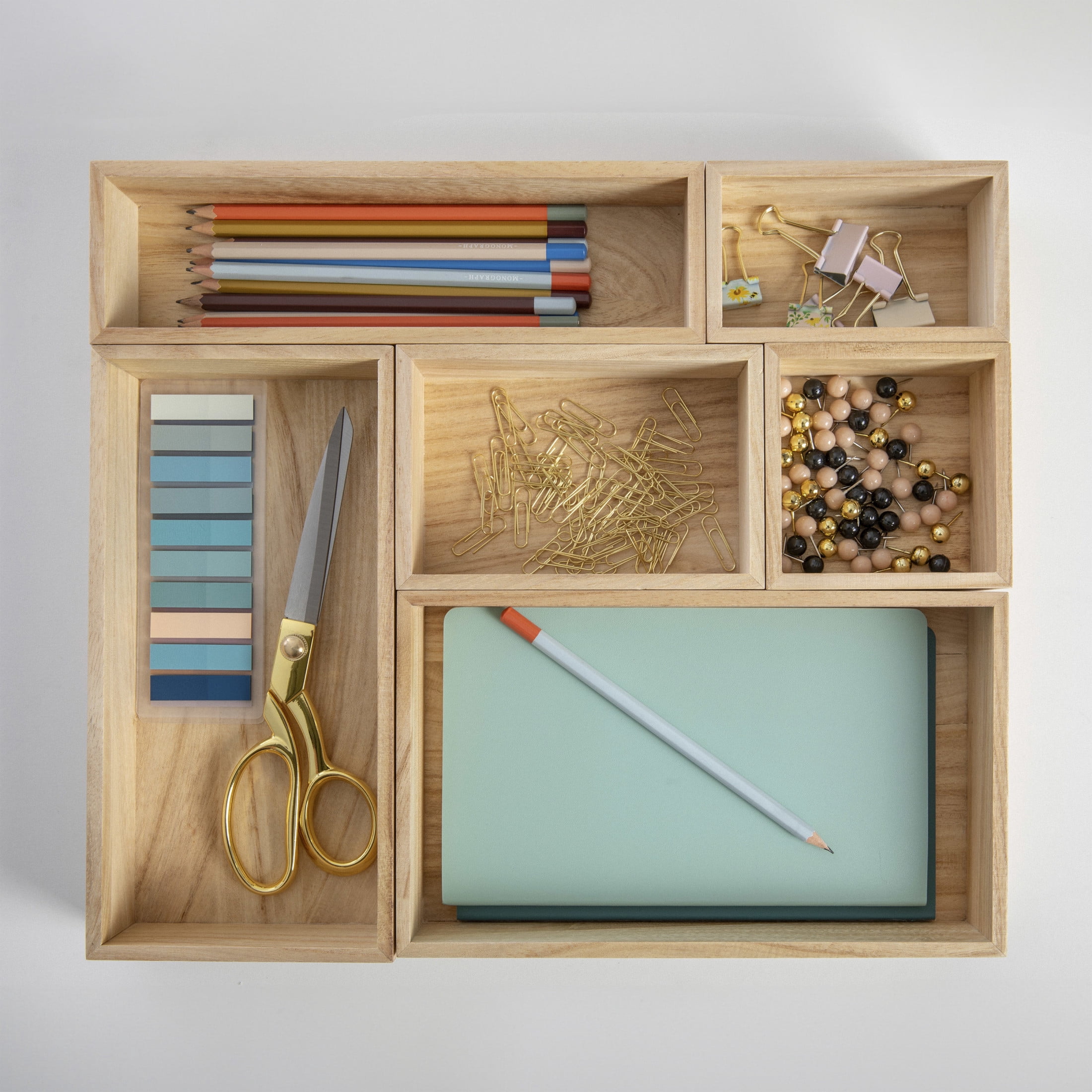 Martha Stewart Enzo 6 Piece Wooden Desk Drawer Organizer Set in Light Natural