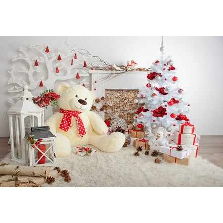 Image of 5x7ft Big Bear White Christmas Tree Photography Backdrop White Blanket Wood Floor Christmas Backdrop