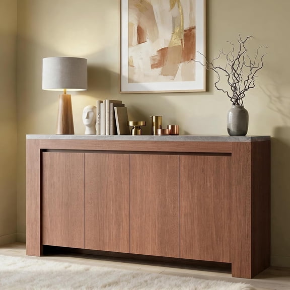 Aunfebrco Sideboard Buffet Cabinet with Storage and 4 Doors, Modern Kitchen Storage Cabinet with Faux Marble Top, Large Coffee Bar Cabinet for Living Room Dining Room, Walnut