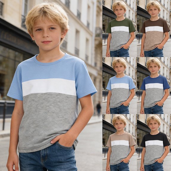 MAIHAN Boys Shirts Short Sleeve Crewneck Color Block Striped Shirt Loose Fit Casual Summer Top for Boys Girls(Light Blue,8-9 Years)