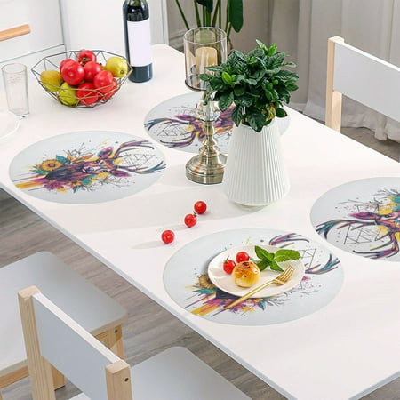

Round Grid Placemat One Sizex1 Round Placemat PVC Plate Mat，15.4 Inch Non-Slip and Heat Resistant Table Placemat Dining Room Placemat Color Art Deer