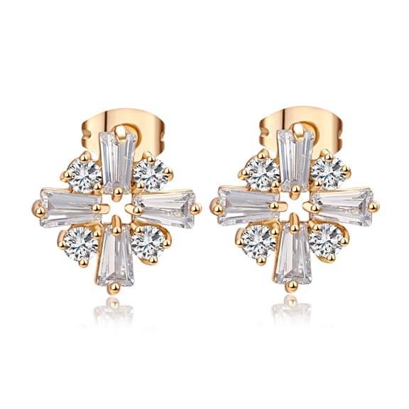 Real 18K Gold Plated Flower Brass Cubic Zirconia Stud Earrings Clear 14x14mm