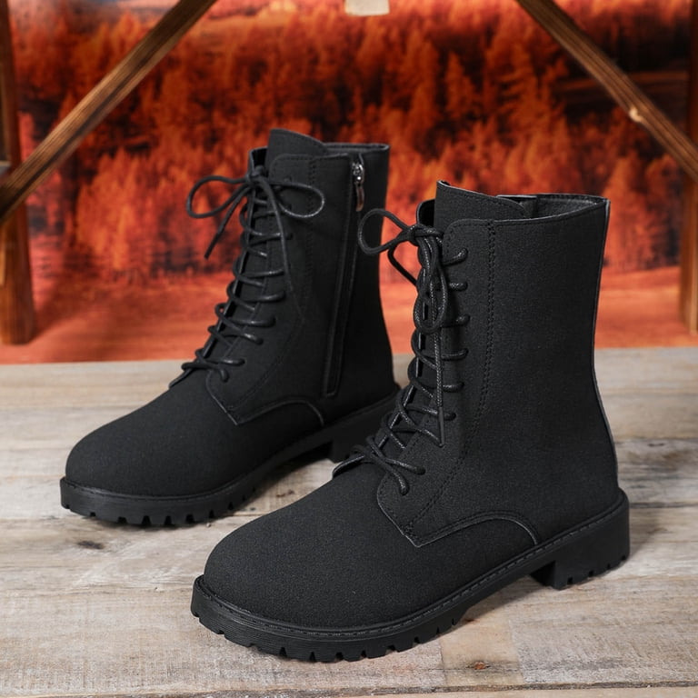 Black‎ Suede Combat Boots Side Zip Lace-Up Design Rugged Sole Winter Ankle Boots RUIYANQI Women main image 4
